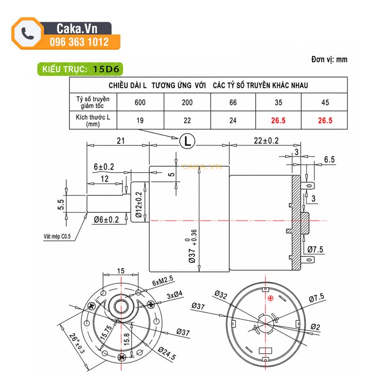 Kích thước động cơ giảm tốc JGB37-520 12V 66RPM
