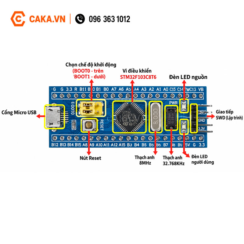 KIT STM32F103C8T6 Blue Pill xung nhịp 72MHz