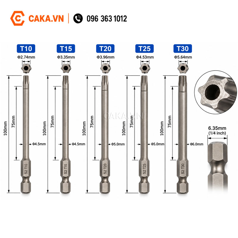 Mũi vít Torx có lỗ T10 T15 T20 T25 T30 dài 100mm thép S2