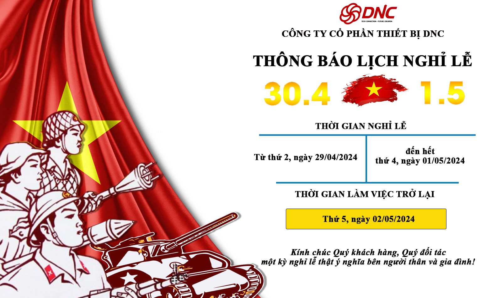 thông báo nghỉ lễ 30/4 và 1/5