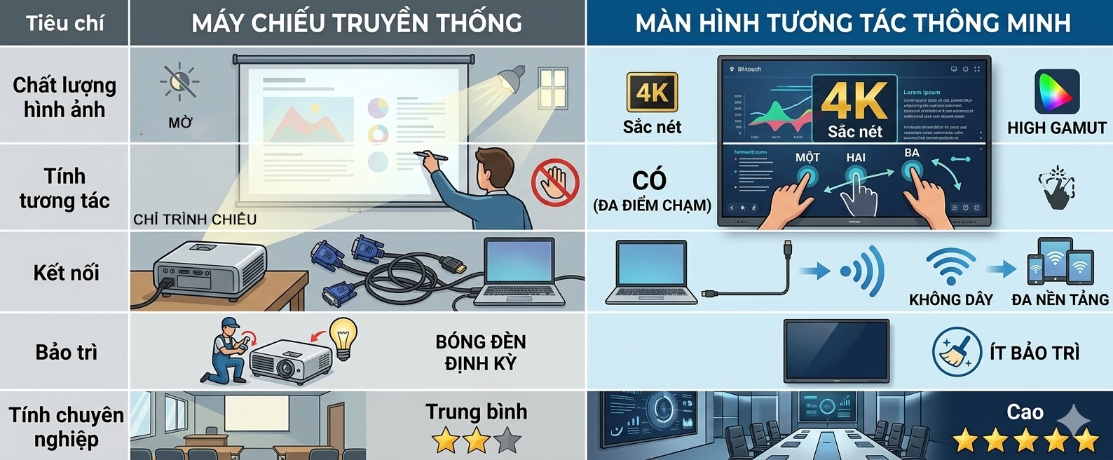 so sánh màn hình tương tác thông minh và máy chiếu