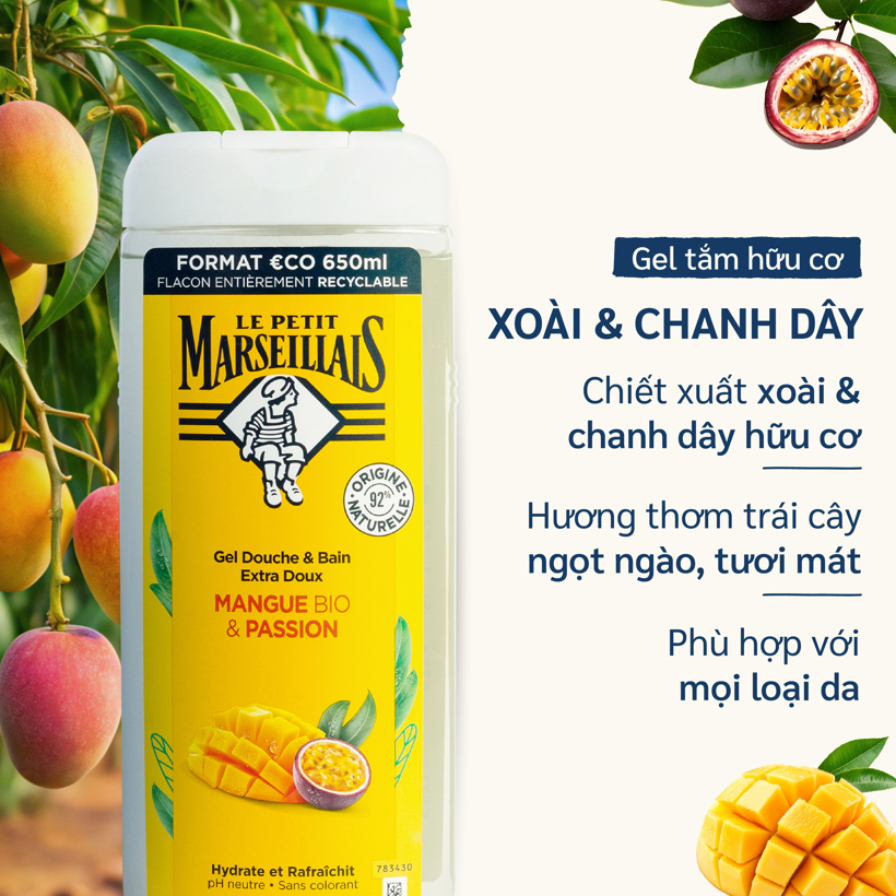 Sữa tắm 92% hữu cơ LE PETIT MARSEILLAIS 650ml