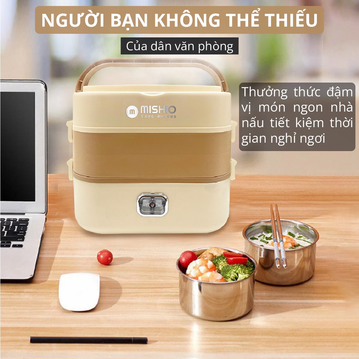 Hộp Hâm Cơm - Tiệt Trùng Bình Sữa Mishio MK345 Kèm 4 Hộp Đựng Inox 304