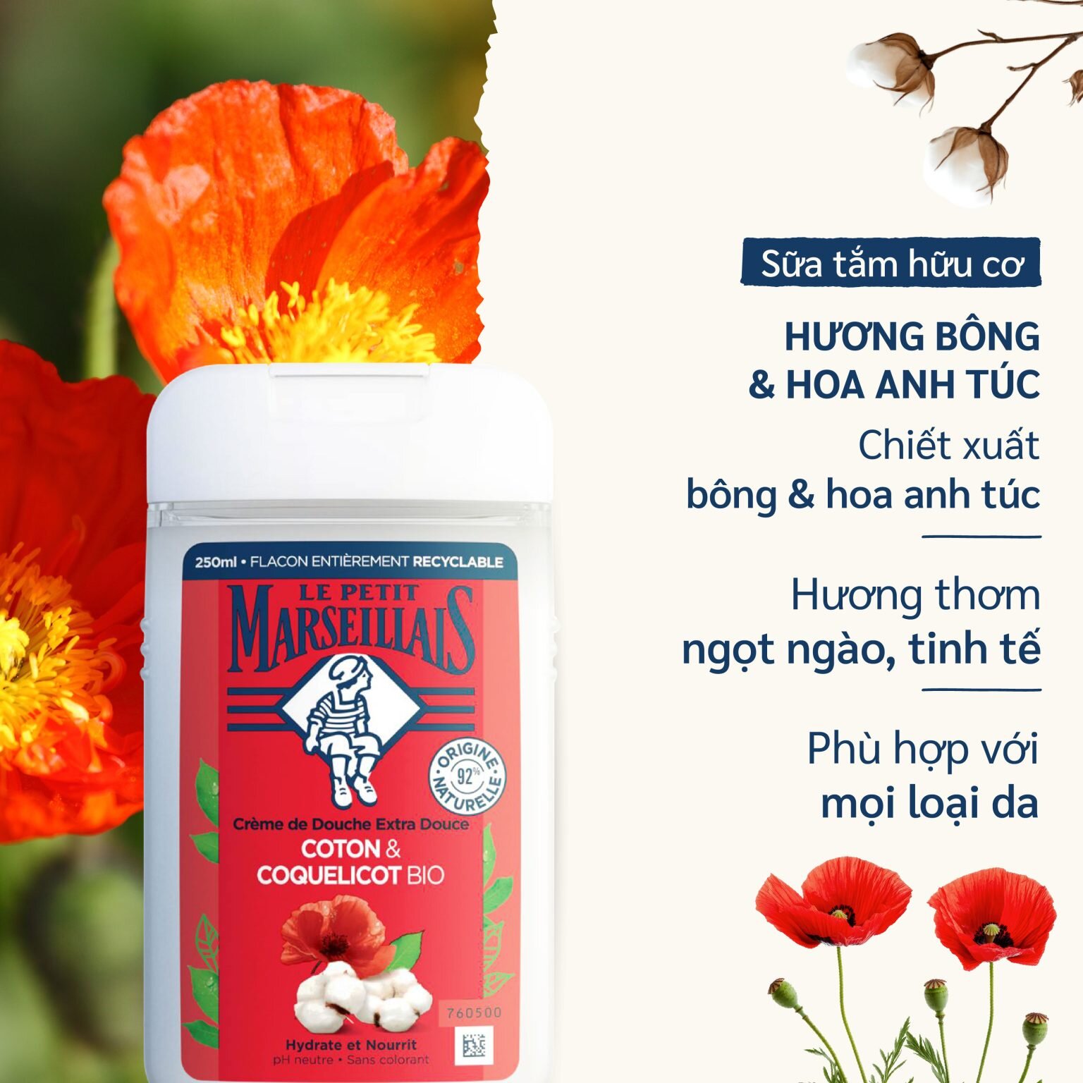 Sữa Tắm 92% hữu cơ LE PETIT MARSEILLAIS dạng kem 250ml