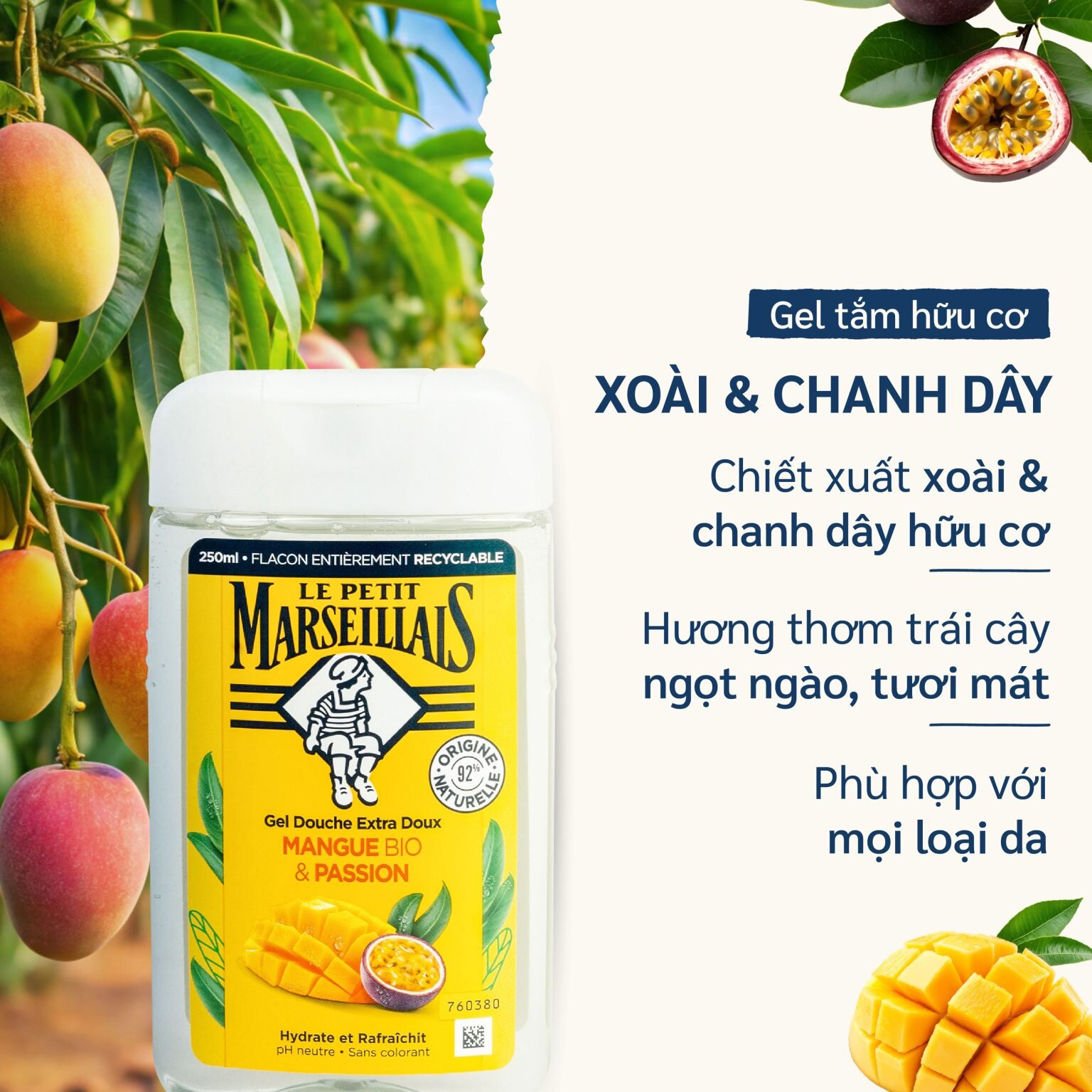 Sữa Tắm 92% hữu cơ LE PETIT MARSEILLAIS dạng kem 250ml