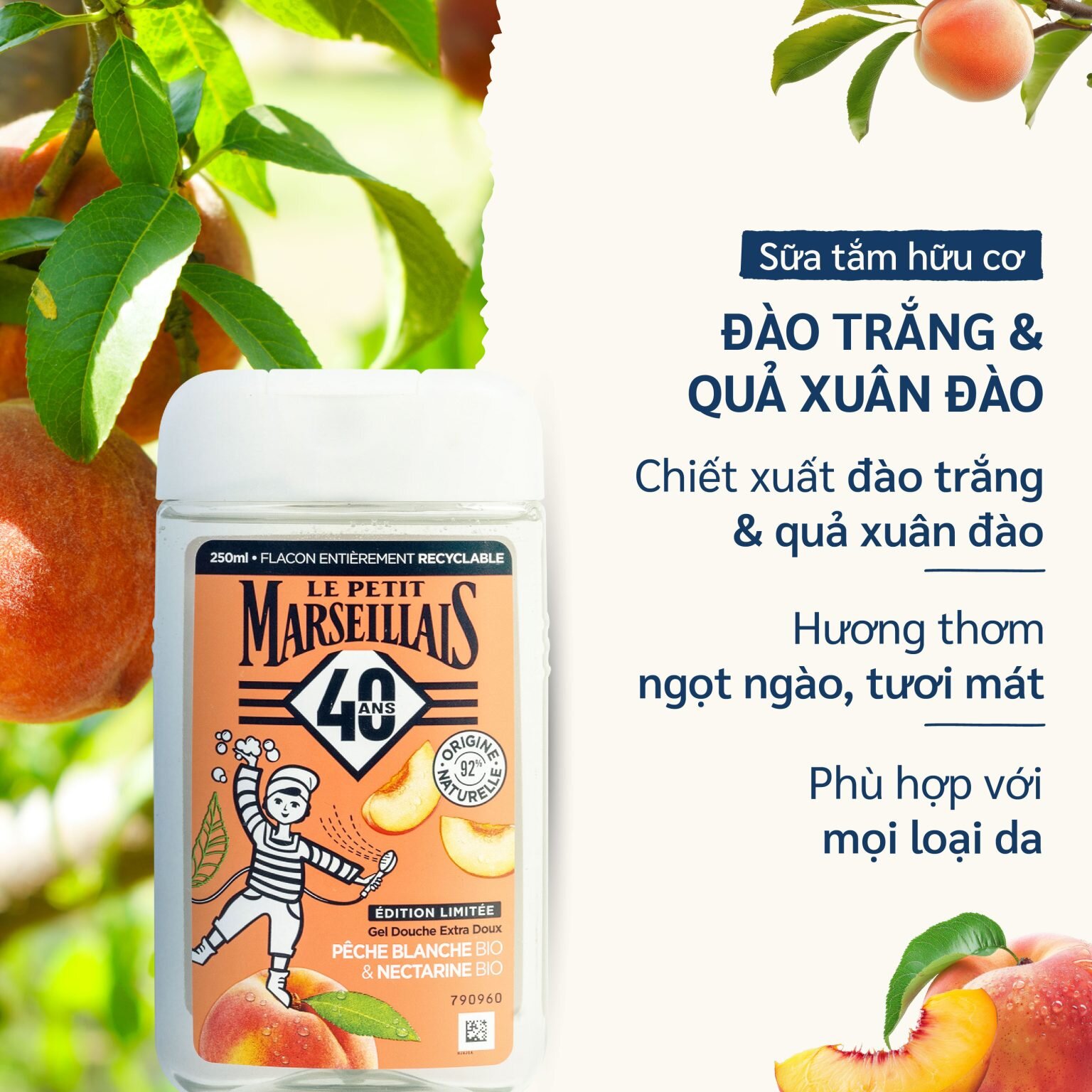 Sữa Tắm 92% hữu cơ LE PETIT MARSEILLAIS dạng kem 250ml