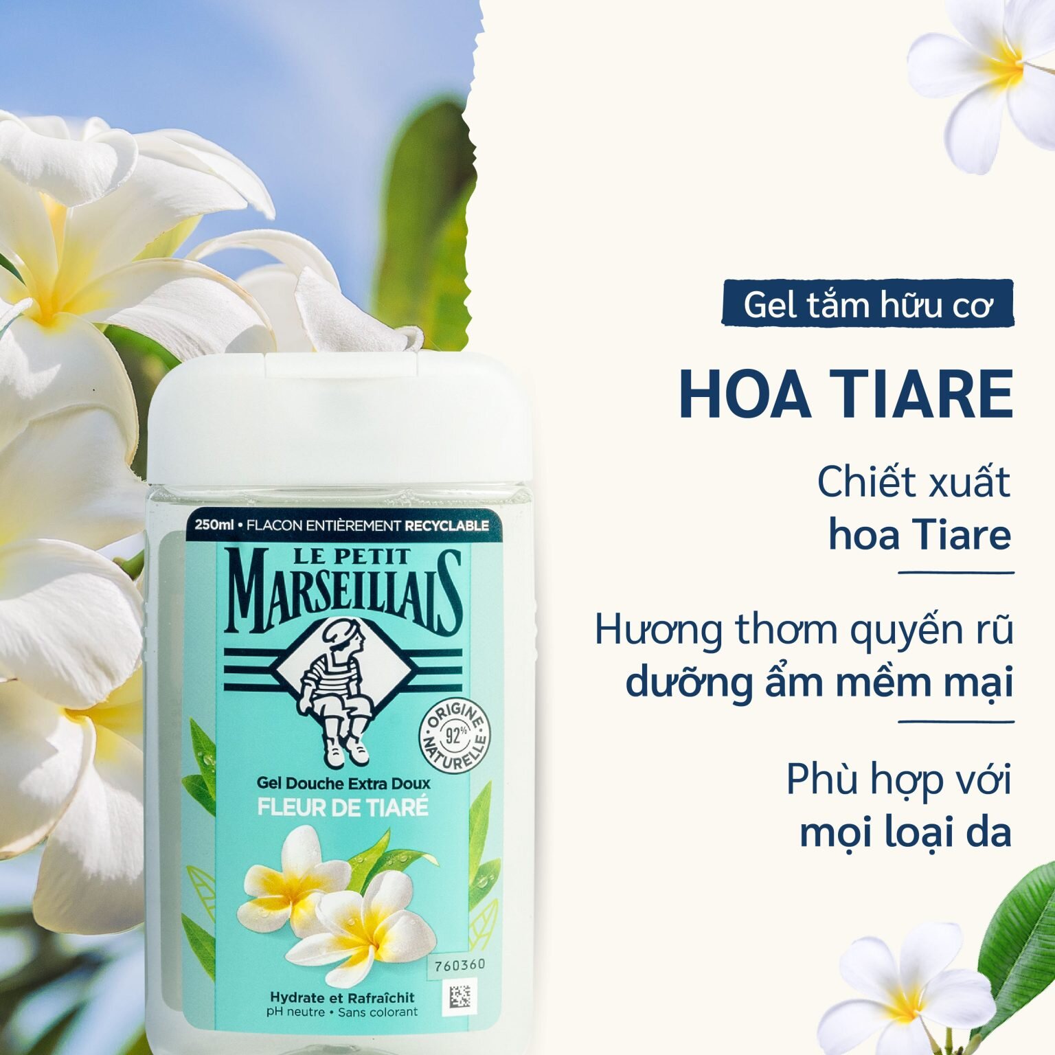 Sữa Tắm 92% hữu cơ LE PETIT MARSEILLAIS dạng kem 250ml