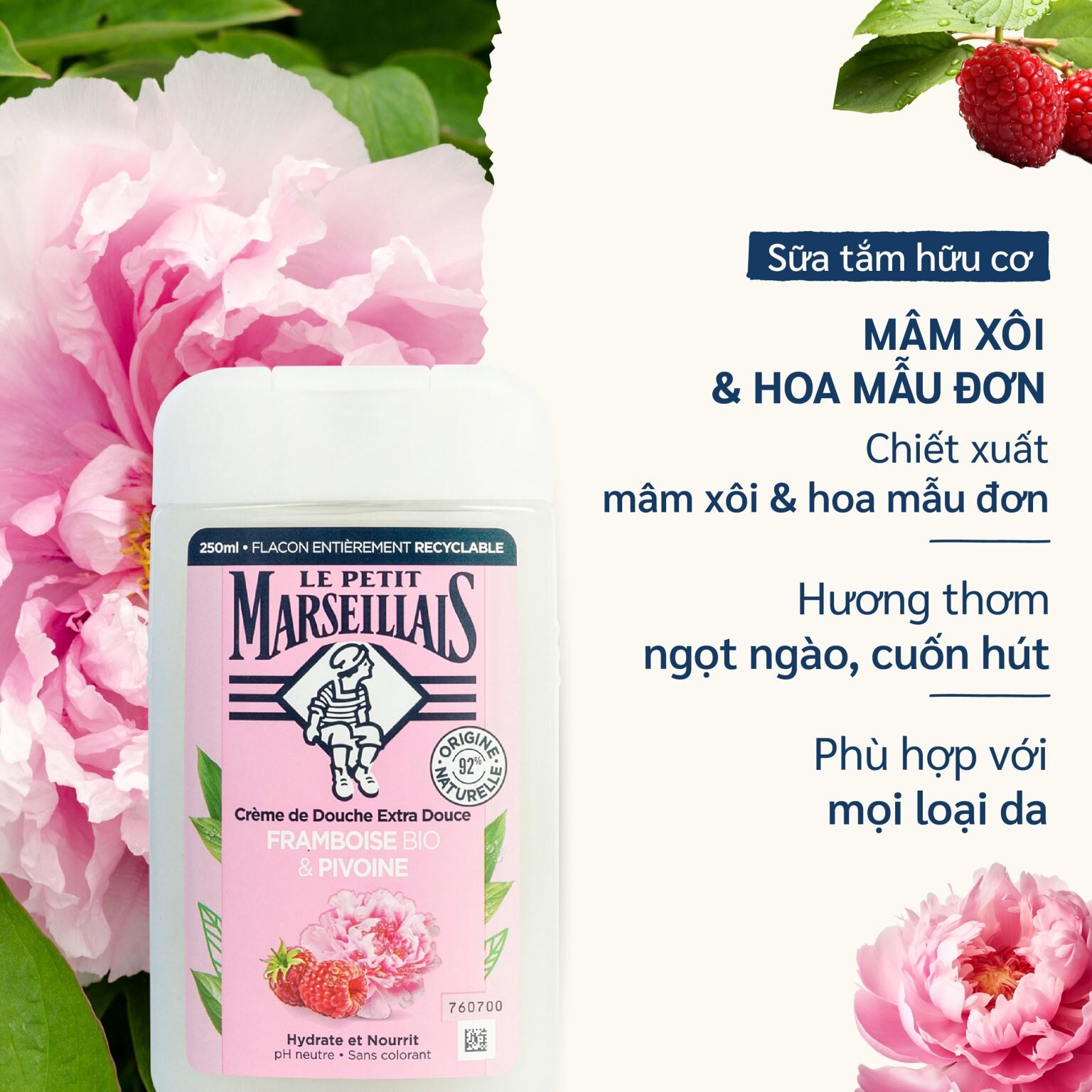Sữa Tắm 92% hữu cơ LE PETIT MARSEILLAIS dạng kem 250ml