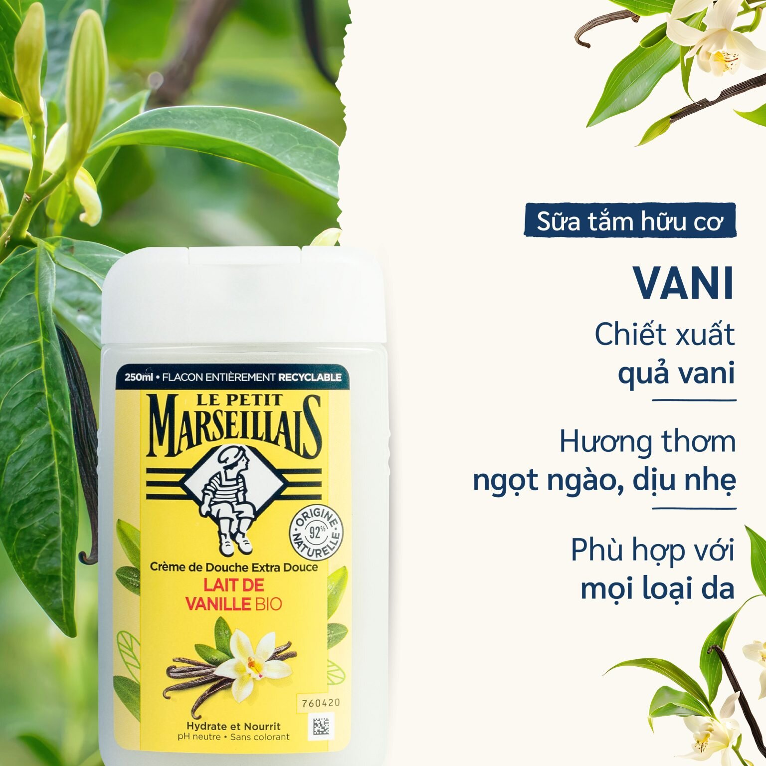 Sữa Tắm 92% hữu cơ LE PETIT MARSEILLAIS dạng kem 250ml