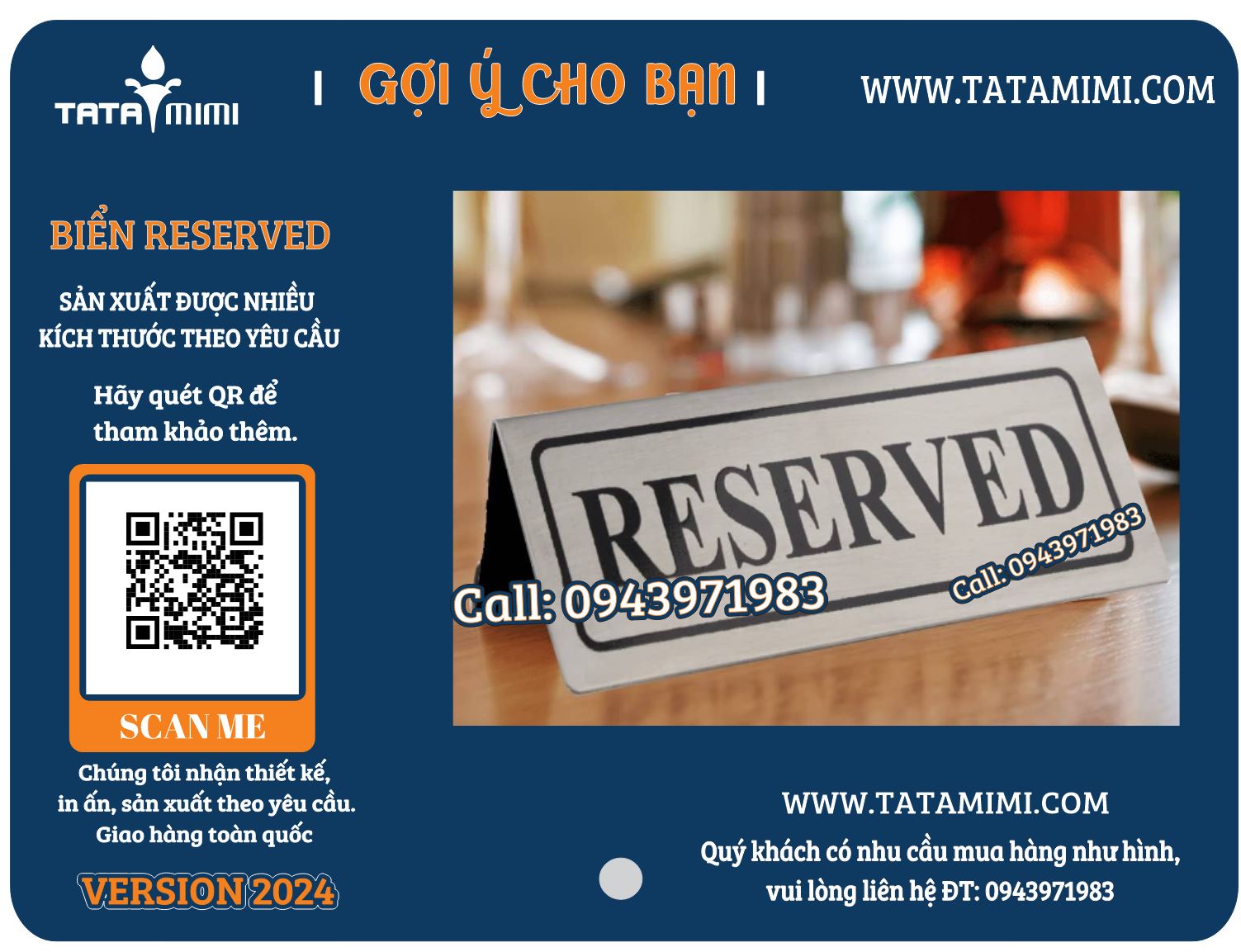 Biển reserved cho nhà hàng bằng mica xanh chữ vàng