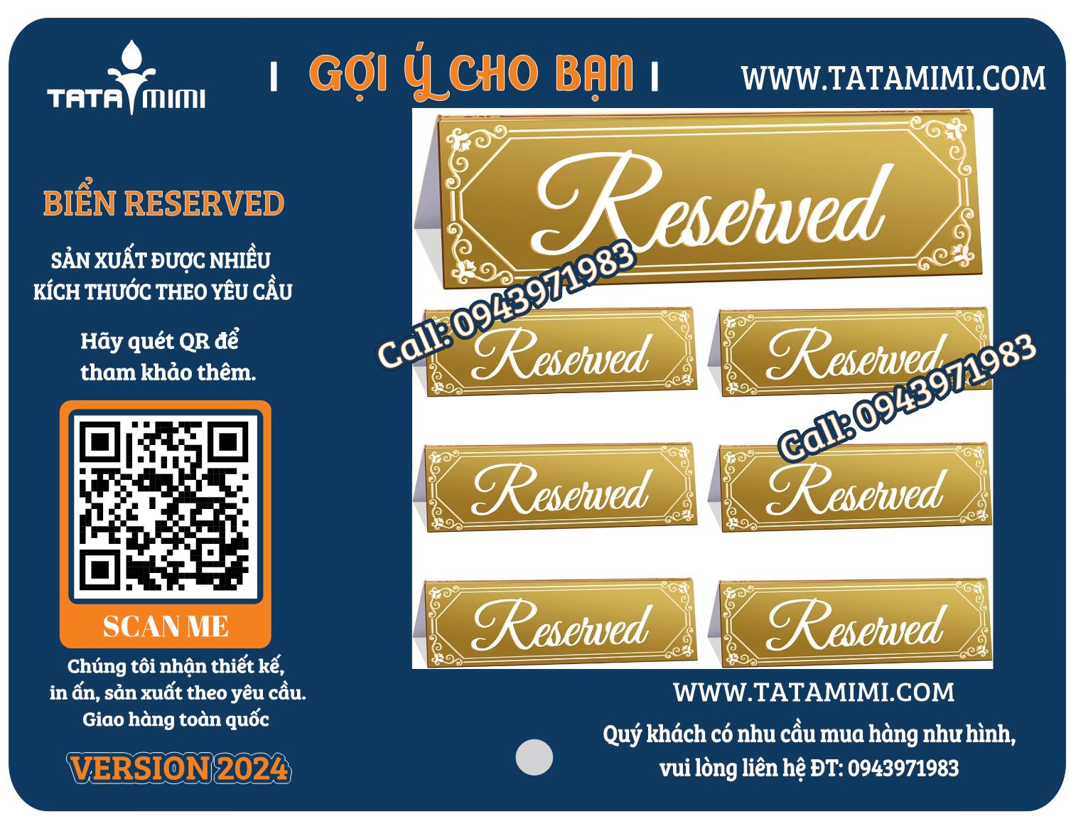 Biển Reserved inox vàng