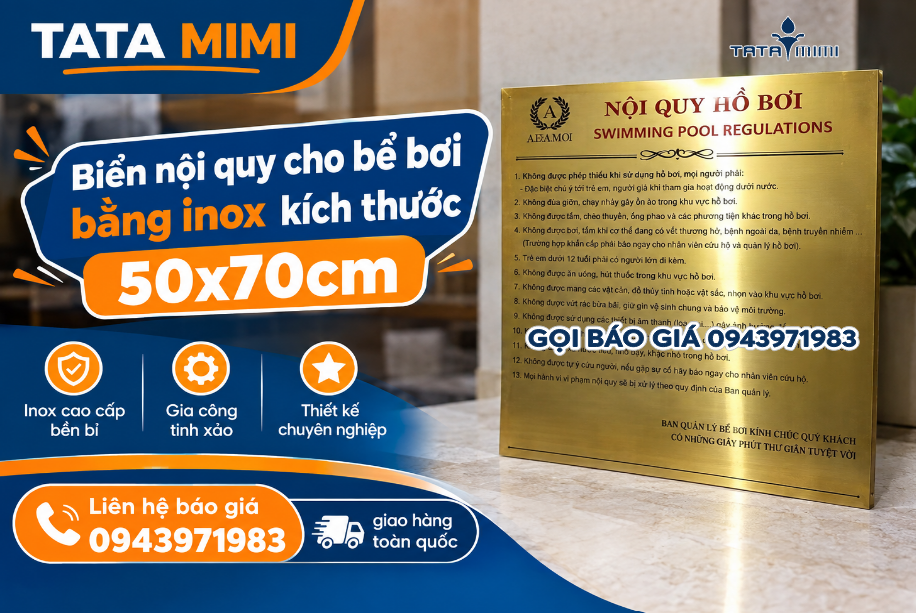 Biển nội quy cho bể bơi bằng inox kích thước 50x70cm