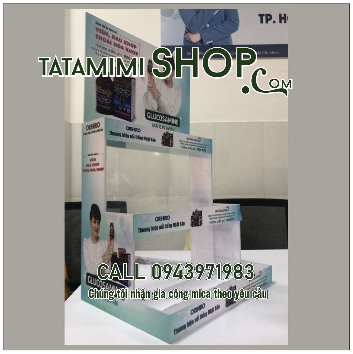 Kệ trưng bày thuốc để bàn logo in decal