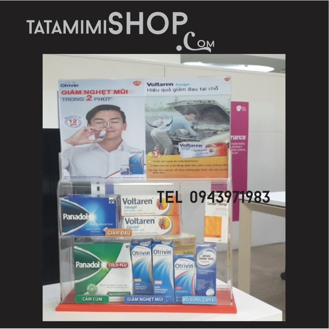 Kệ trưng bày thuốc để bàn logo in decal