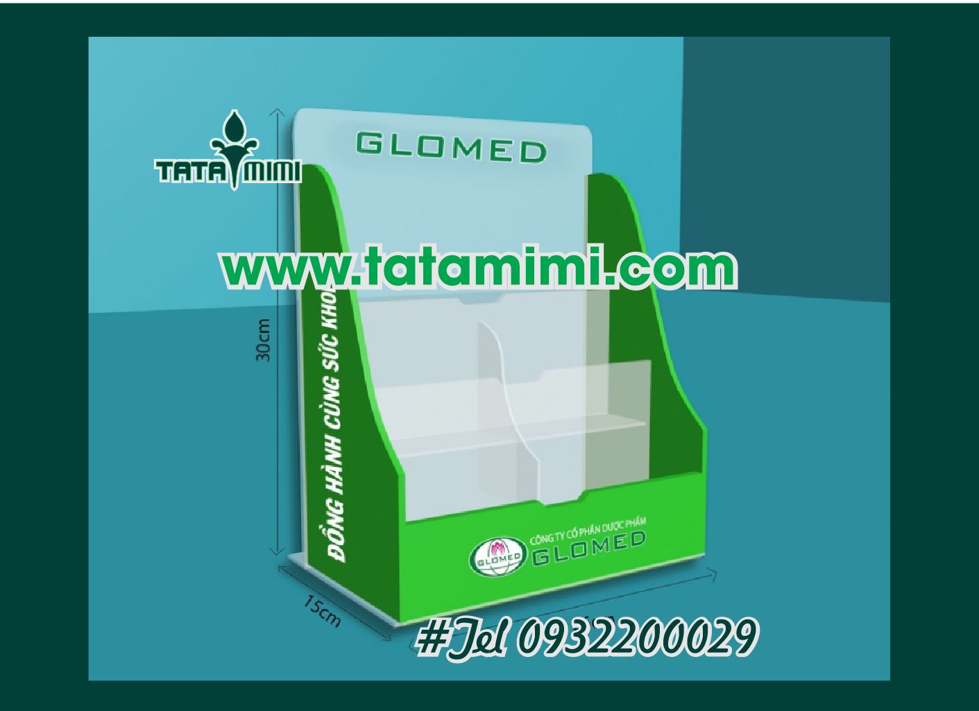 Kệ trưng bày thuốc để bàn logo in decal