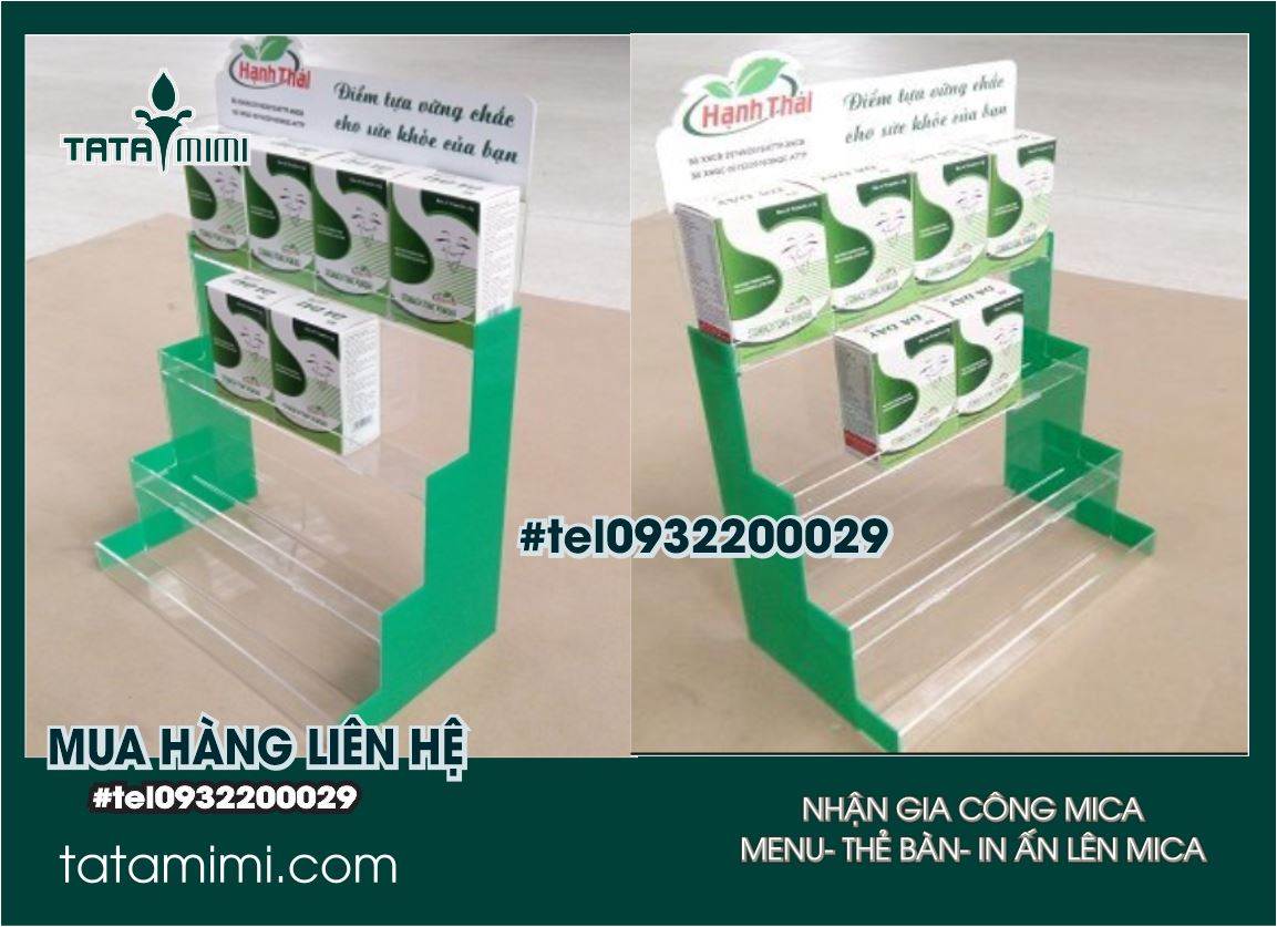 Kệ trưng bày thuốc để bàn logo in decal