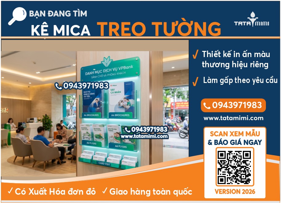 Kệ mica treo tường thiết kế theo nhận diện thương hiệu chuyên nghiệp