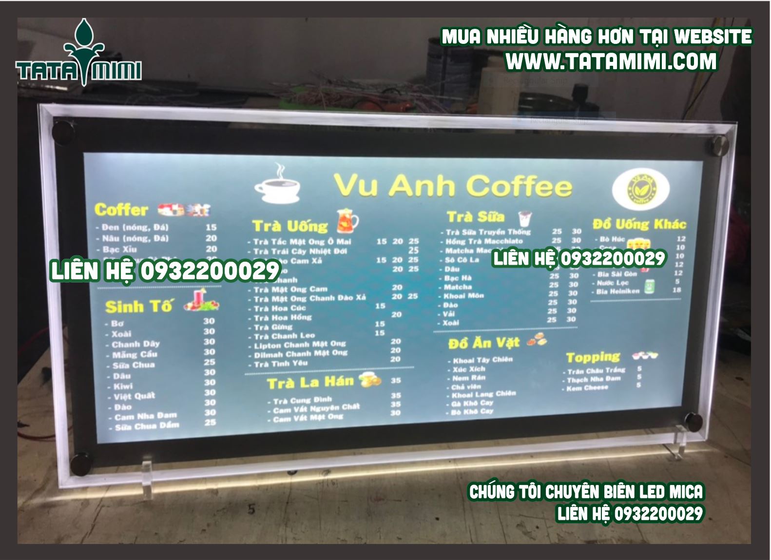 Hộp menu coffee, trà sữa đèn led 