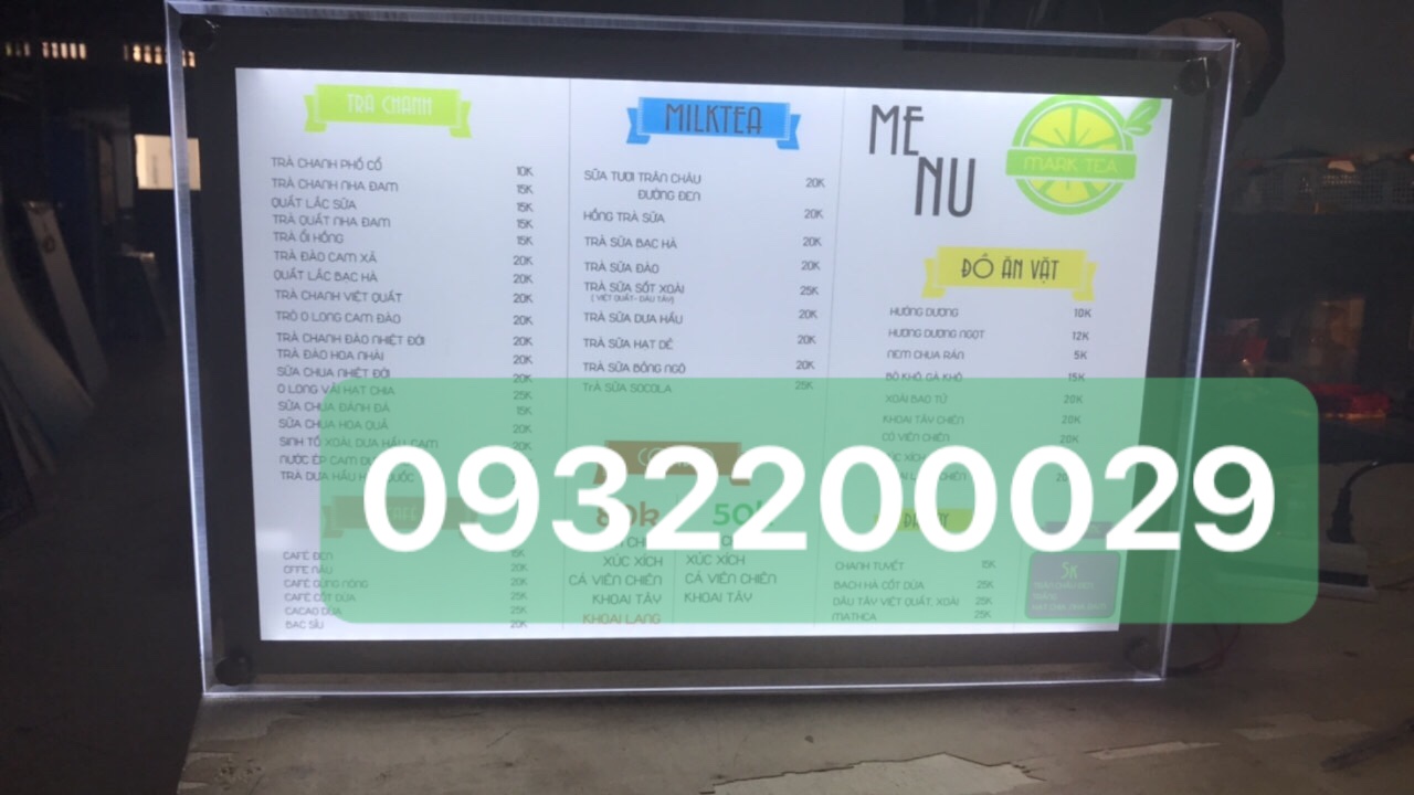 Bảng menu trù sữa có đèn
