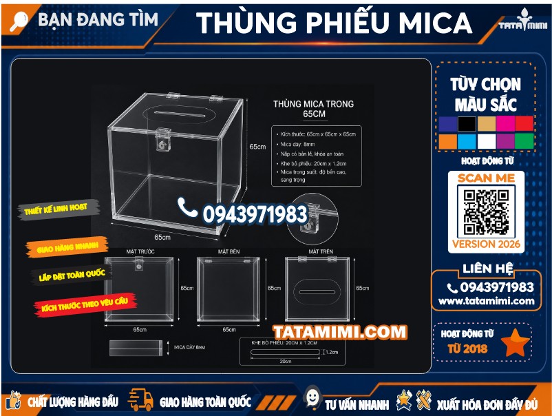 Thùng mica vuông 65x65x65cm