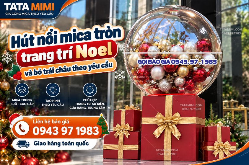 Hút nổi mica tròn trang trí Noel và bỏ trái châu theo yêu cầu