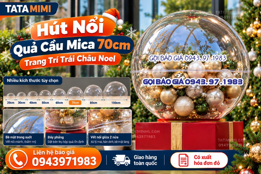 Hút nổi quả cầu mica 70cm trang trí trái châu cho Noel
