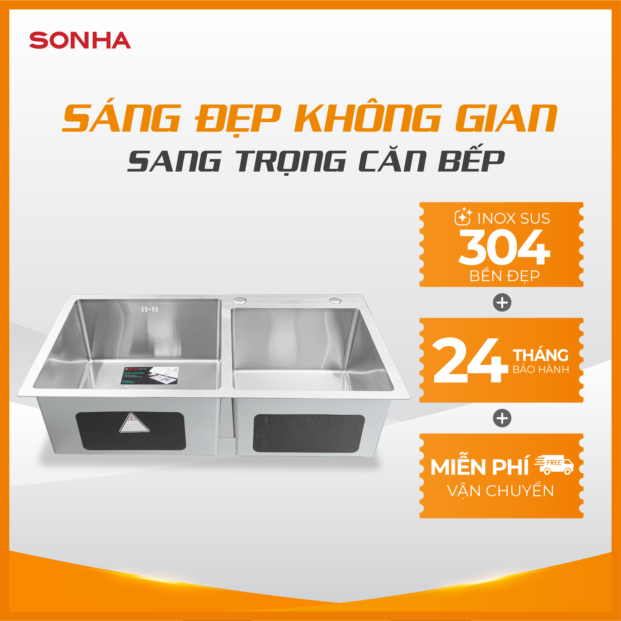 Chậu inox cao cấp Sơn hà Handmade 2 hộc lệch