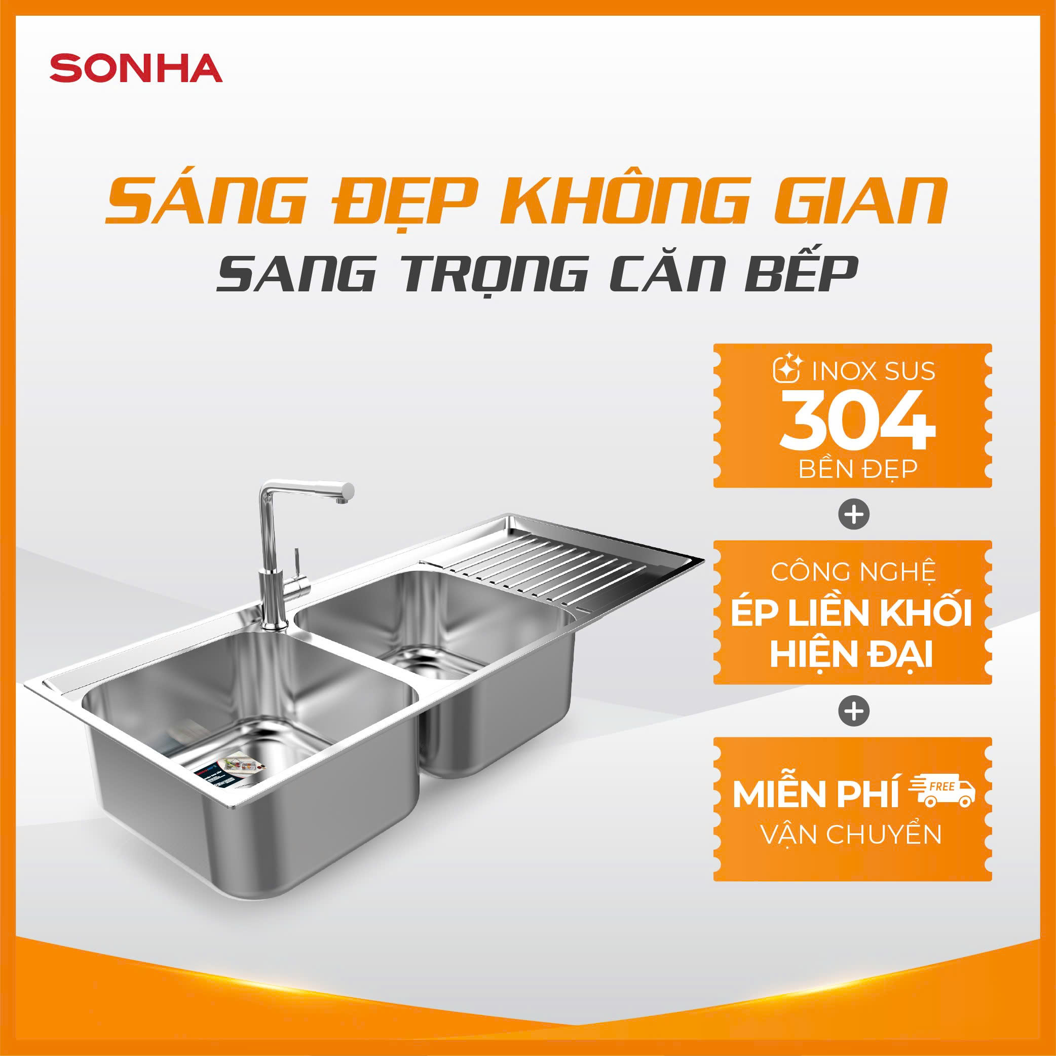 Chậu rửa bát inox cao cấp Sơn Hà 2 hố cân 1 bàn