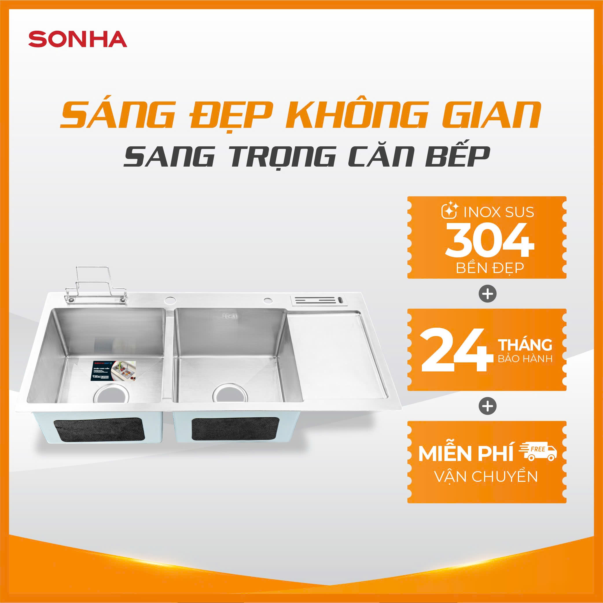 Chậu inox cao cấp Sơn Hà Luxury Handmade 2 hố 1 bàn