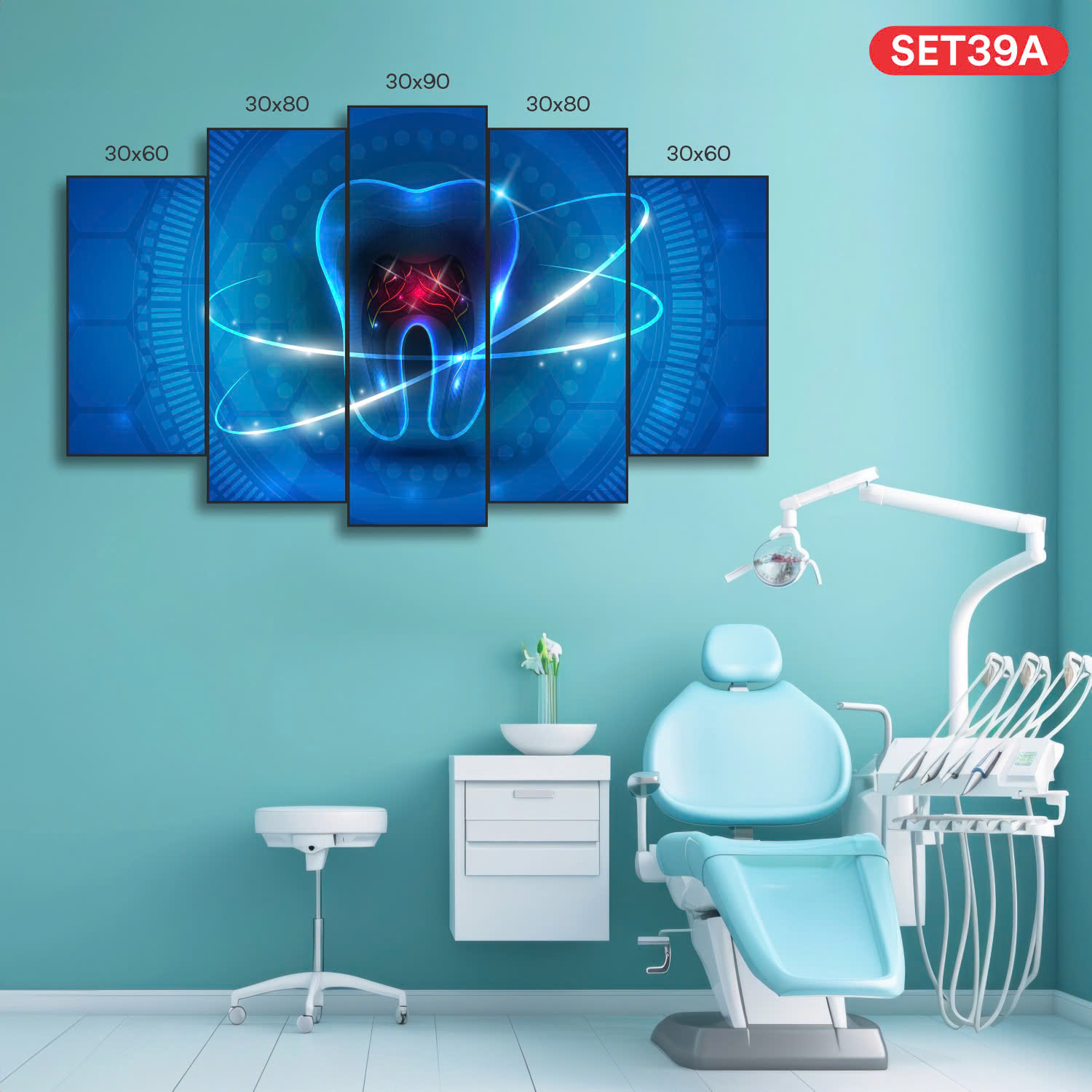 Set tranh trang trí phòng khám nha khoa chất liệu gỗ tráng gương