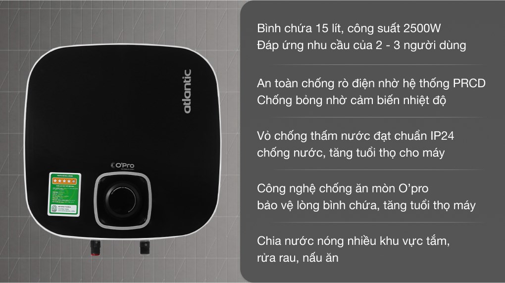 Bình Nóng Lạnh Atlantic 15 lít 2500W NANTO PLUS SWH 15A M-N2