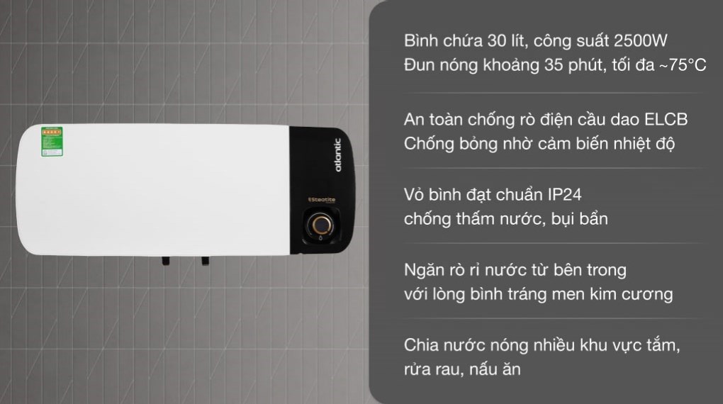 Bình Nóng Lạnh Atlantic 20 lít 2500W Neo Max SWH 20H M-2