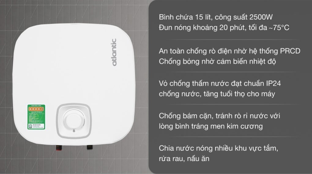 Bình Nóng Lạnh Atlantic 15 lít 2500W NANTO LITE SWH 15A M-N1