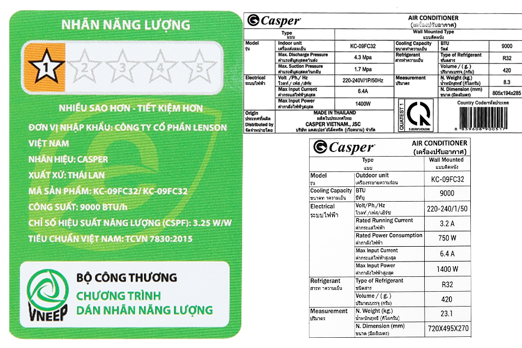 Điều hòa Casper 1 chiều 1HP-9.000BTU KC-09FC32