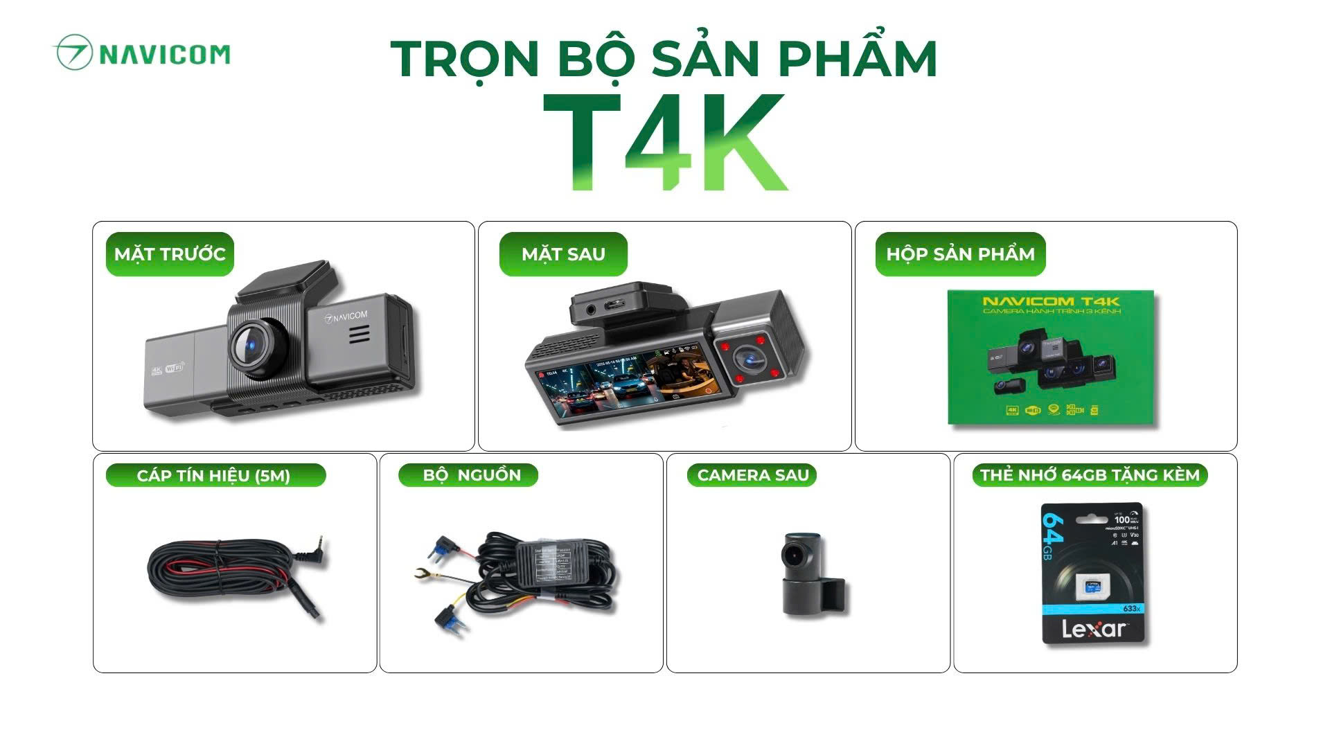 Camera hành trình 4K ghi hình 3 kênh trước - trong cabin - sau xe: NAVICOM T4K2