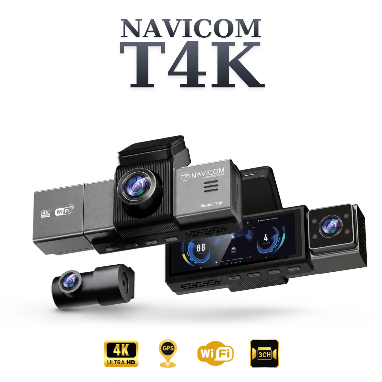 Camera hành trình 4K ghi hình 3 kênh trước - trong cabin - sau xe: NAVICOM T4K2