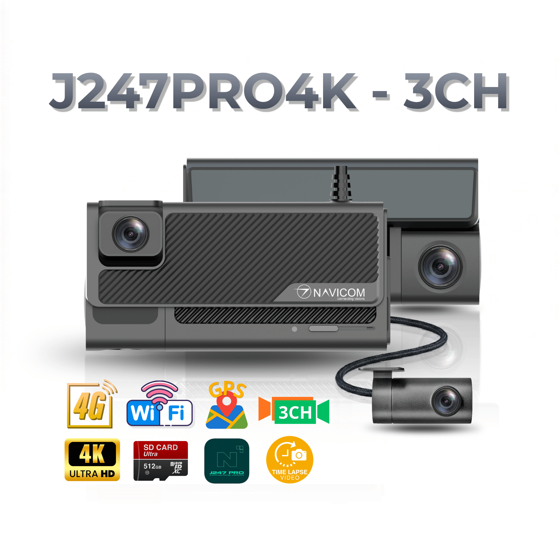 Camera hành trình 4K ghi hình 3 kênh trước trong cabin và sau xe NAVICOM J247pro4K-3CH