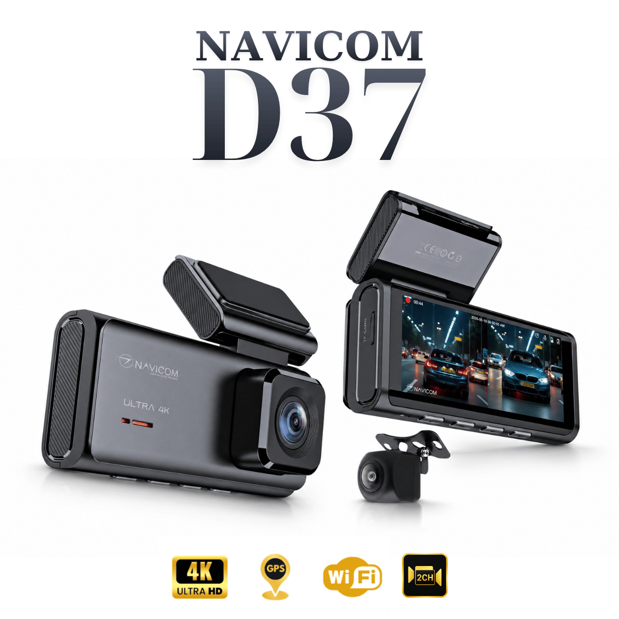 Camera hành trình trước sau - NAVICOM D37, màn cảm ứng thông minh, 4K Ultra HD