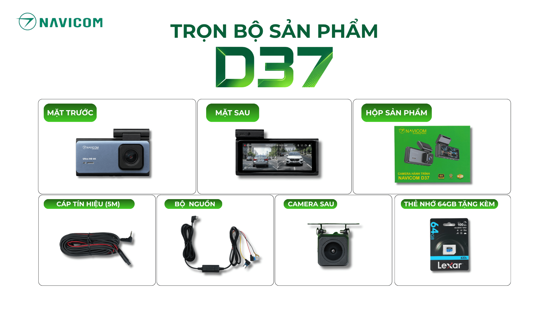 Camera hành trình trước sau - NAVICOM D37, màn cảm ứng thông minh, 4K Ultra HD