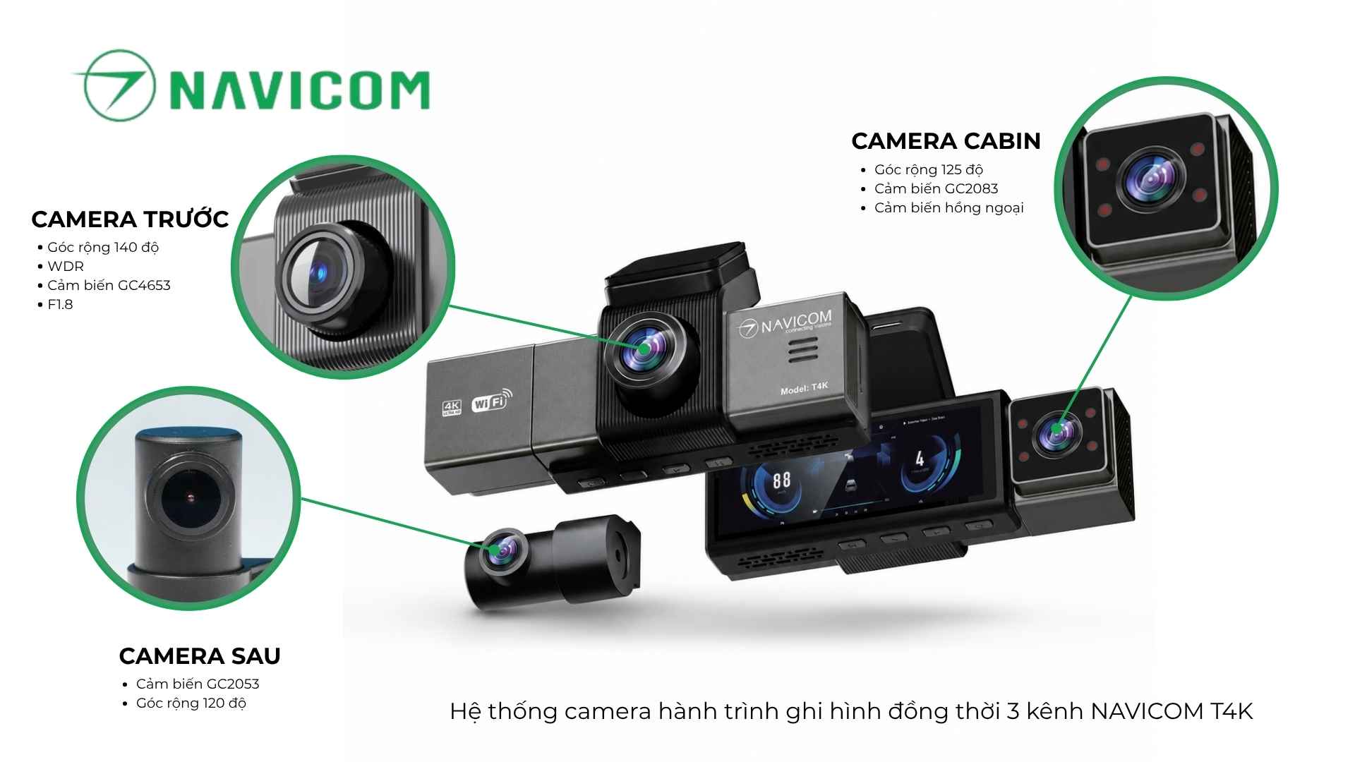 Camera hành trình 4K ghi hình 3 kênh trước - trong cabin - sau xe: NAVICOM T4K2