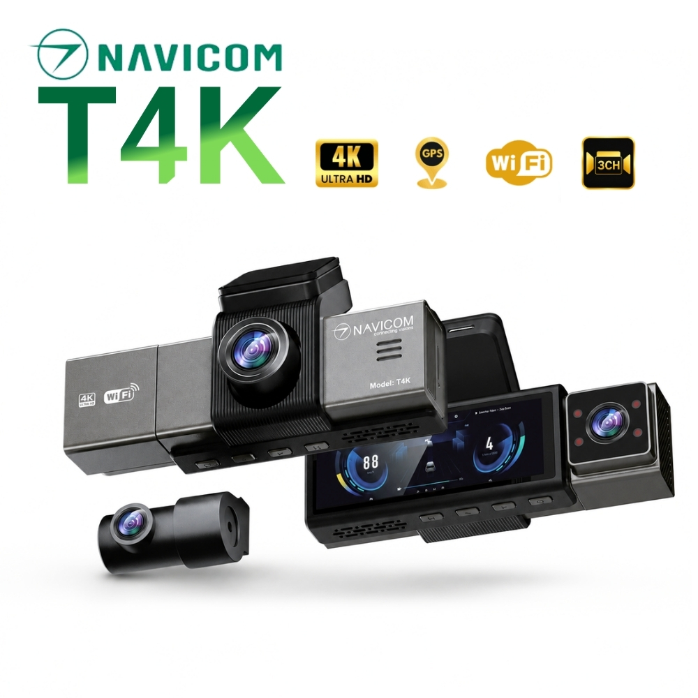 Camera hành trình 4K ghi hình 3 kênh trước - trong cabin - sau xe: NAVICOM T4K