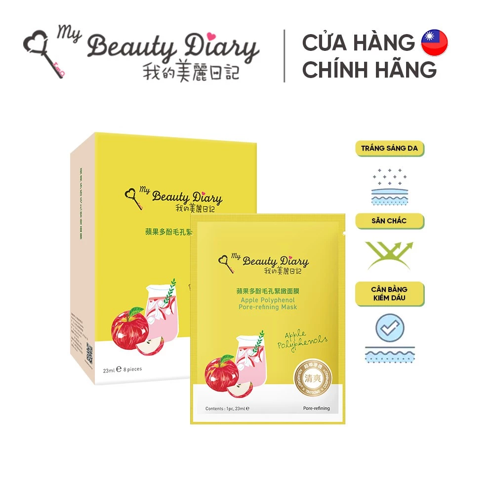 Hộp 8 miếng mặt nạ My Beauty Diary Apple Polyphenols Mask làm sạch se khít lỗ chân lông trắng sáng da táo đỏ