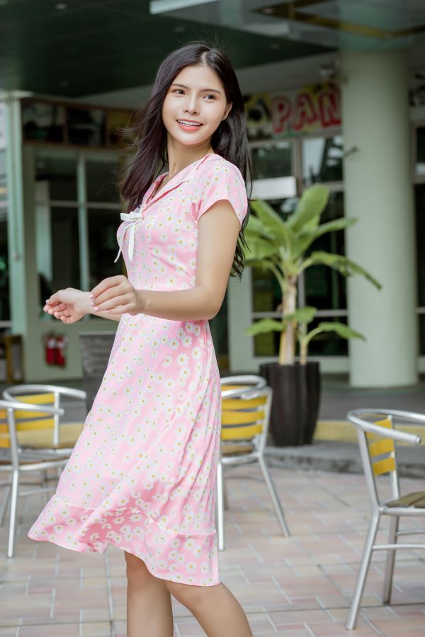 Váy công sở ELMI cao cấp hoa nhí màu hồng nhạt EV12