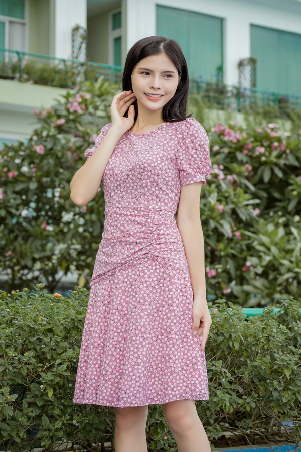 Váy xòe xếp bèo ELMI cao cấp hoa nhí màu hồng EV23