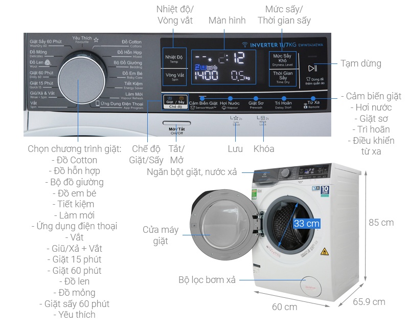 Máy Giặt Sấy Electrolux 11/7 kg Inverter EWW1141AEWA lồng ngang