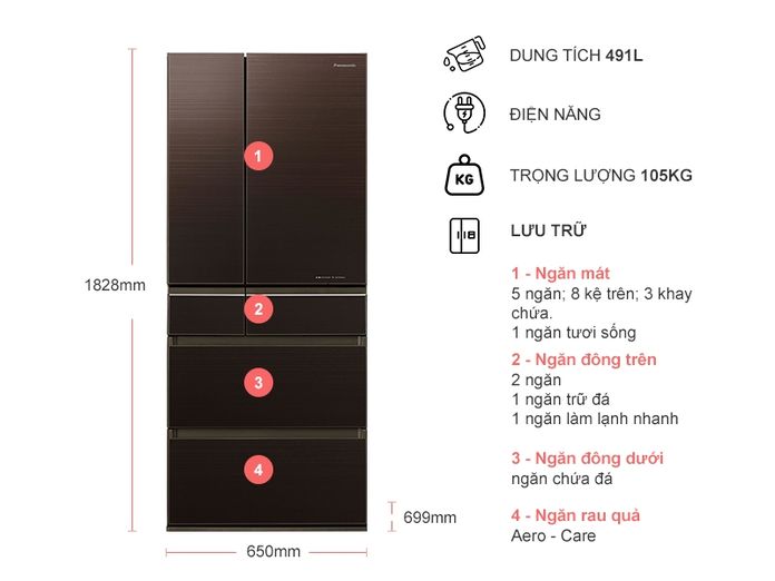 Tủ lạnh 6 cánh Inverter Panasonic NR-F503GT-T2 491 Lít