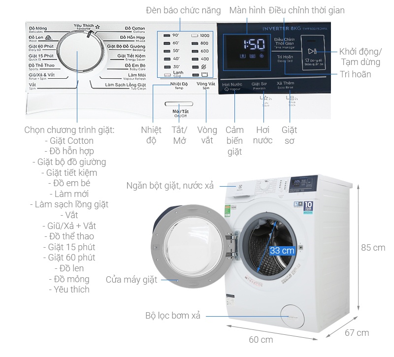 Máy giặt Electrolux 8 Kg Inverter EWF8024BDWA lồng ngang