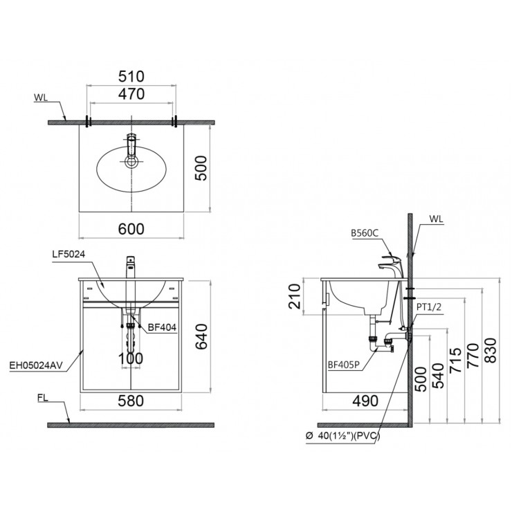 Bộ Tủ Lavabo Treo Tường CAESAR LF5024+EH15024ASV Màu xám