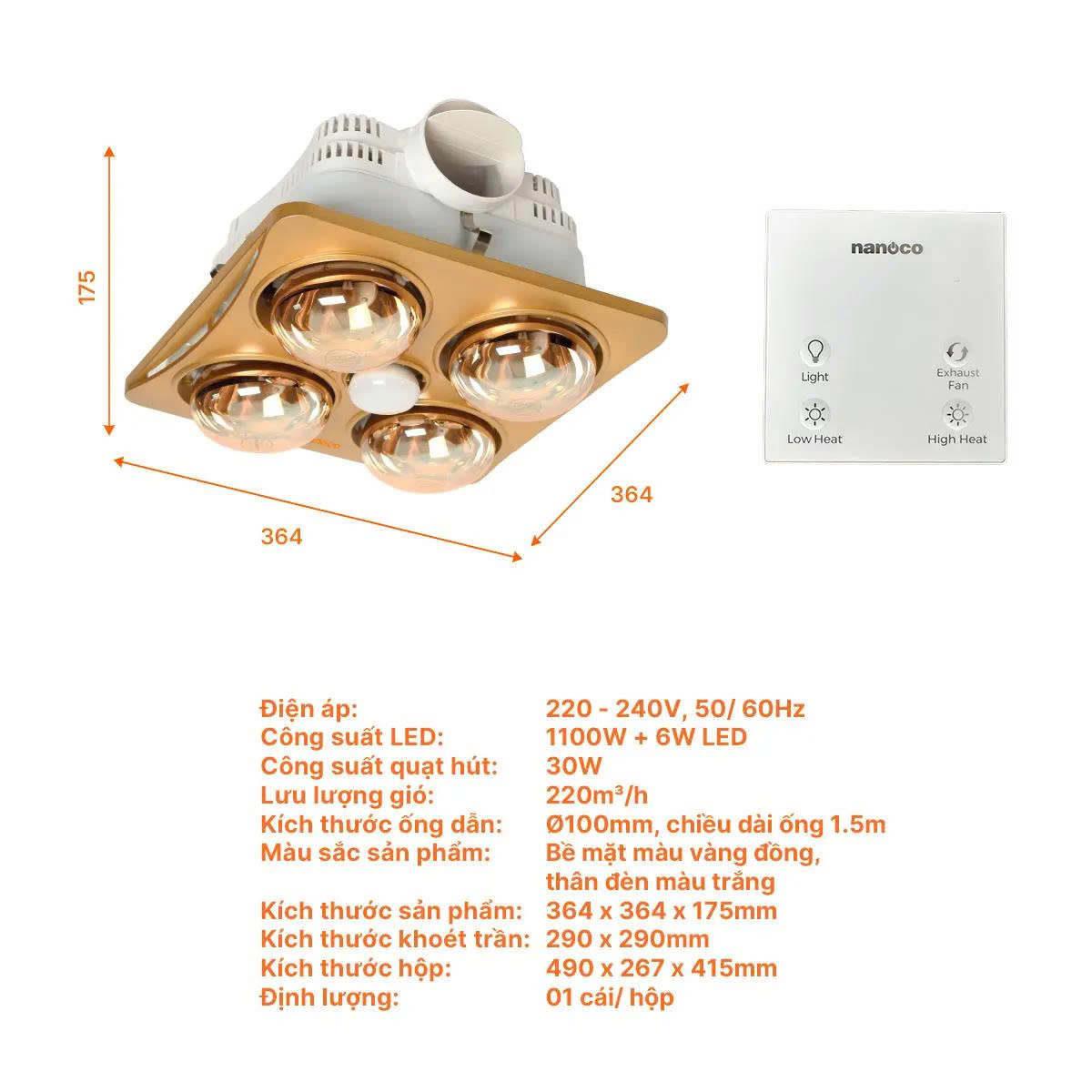 Đèn Sưởi 4 Bóng Âm Trần Kèm Thông Gió Nanoco NBHR401G