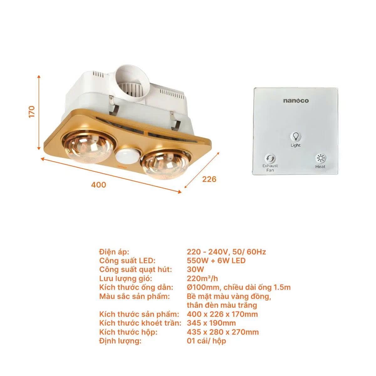 Đèn Sưởi 2 Bóng Âm Trần Kèm Thông Gió Nanoco NBHR201G